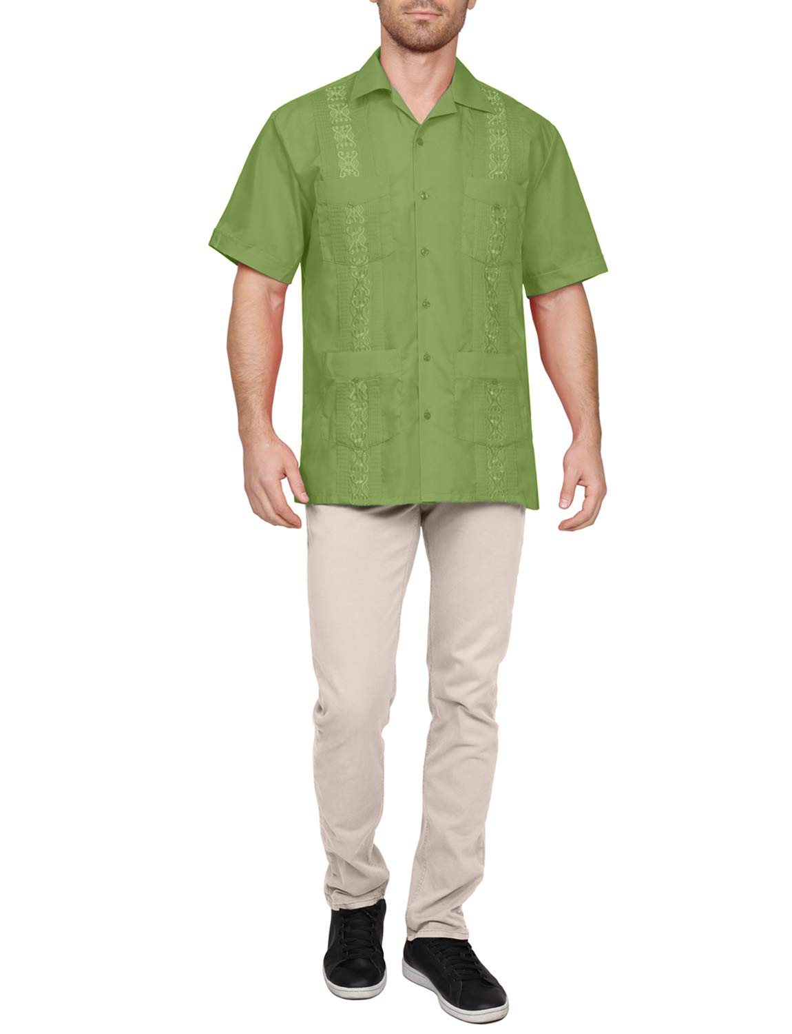 NE PEOPLE Men's Cuban Guayabera Shirt – Short Sleeve Button Down Classic Embroidered 4 Pockets Casual Top NEMT112 Off White 4XL