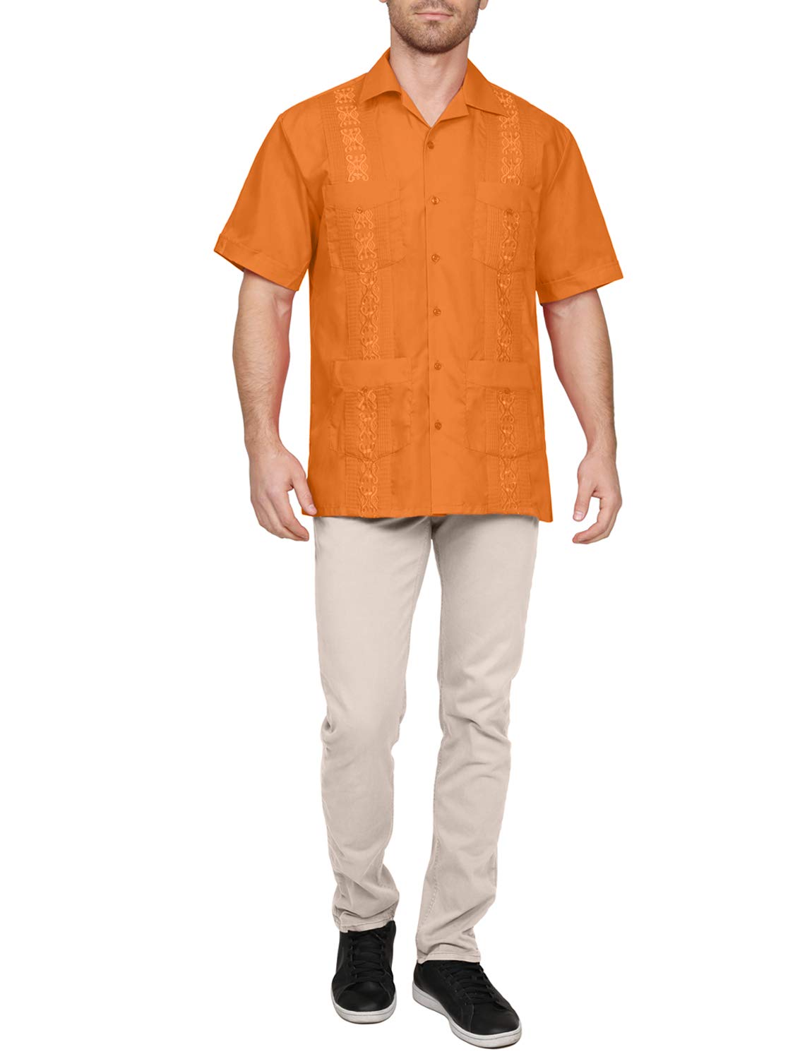 NE PEOPLE Men's Cuban Guayabera Shirt – Short Sleeve Button Down Classic Embroidered 4 Pockets Casual Top NEMT112 Off White 4XL