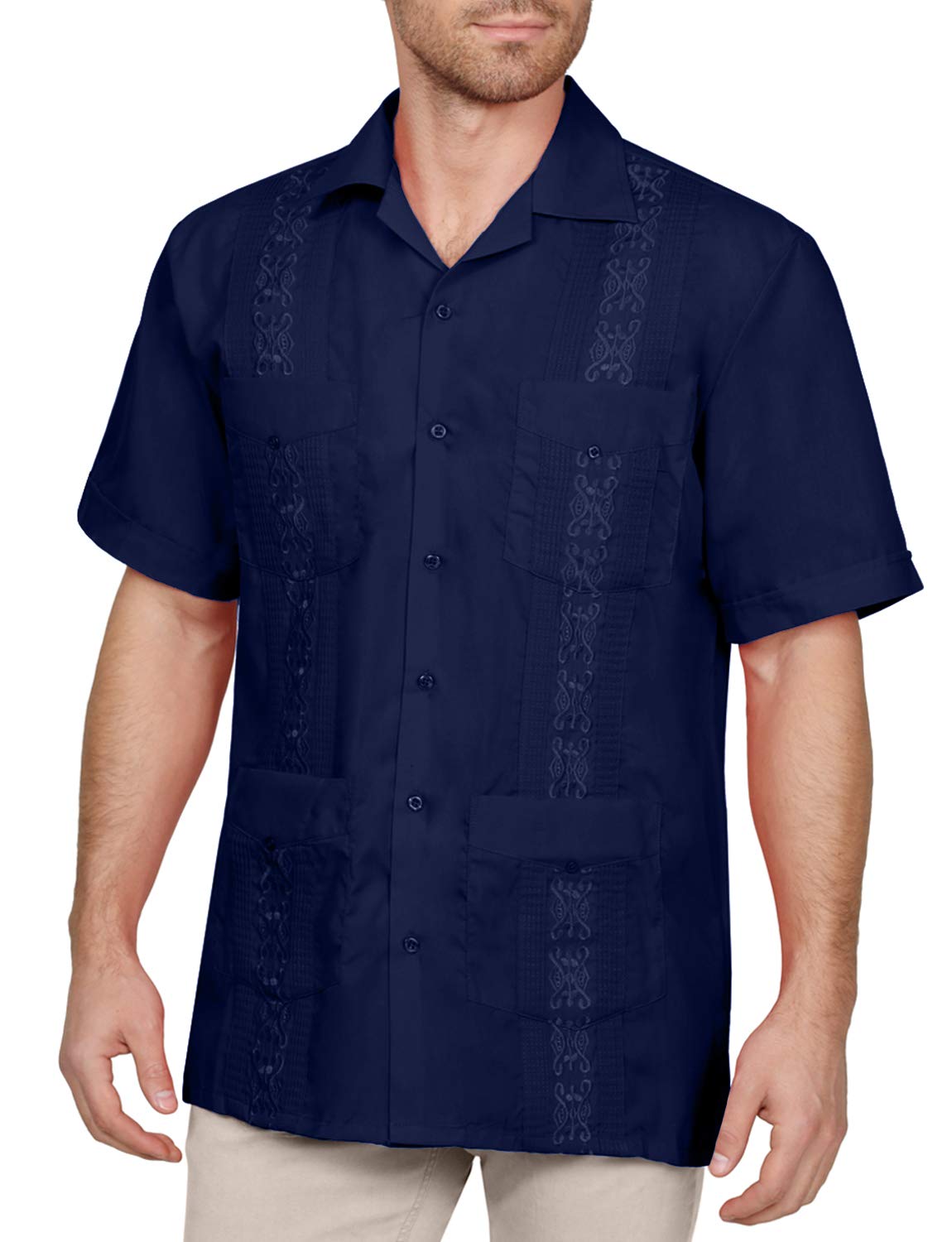NE PEOPLE Men's Cuban Guayabera Shirt – Short Sleeve Button Down Classic Embroidered 4 Pockets Casual Top NEMT112 Off White 4XL
