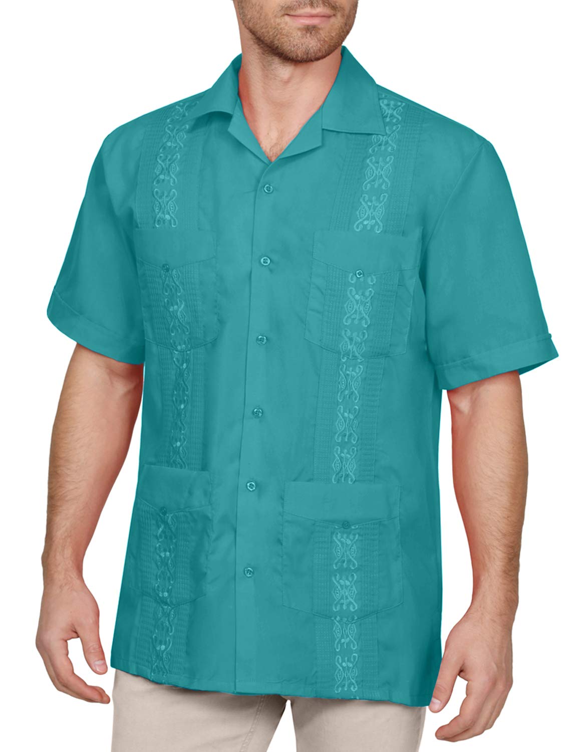NE PEOPLE Men's Cuban Guayabera Shirt – Short Sleeve Button Down Classic Embroidered 4 Pockets Casual Top NEMT112 Off White 4XL