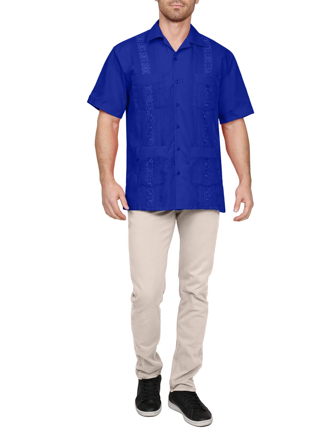 NE PEOPLE Men's Cuban Guayabera Shirt – Short Sleeve Button Down Classic Embroidered 4 Pockets Casual Top NEMT112 Off White 4XL