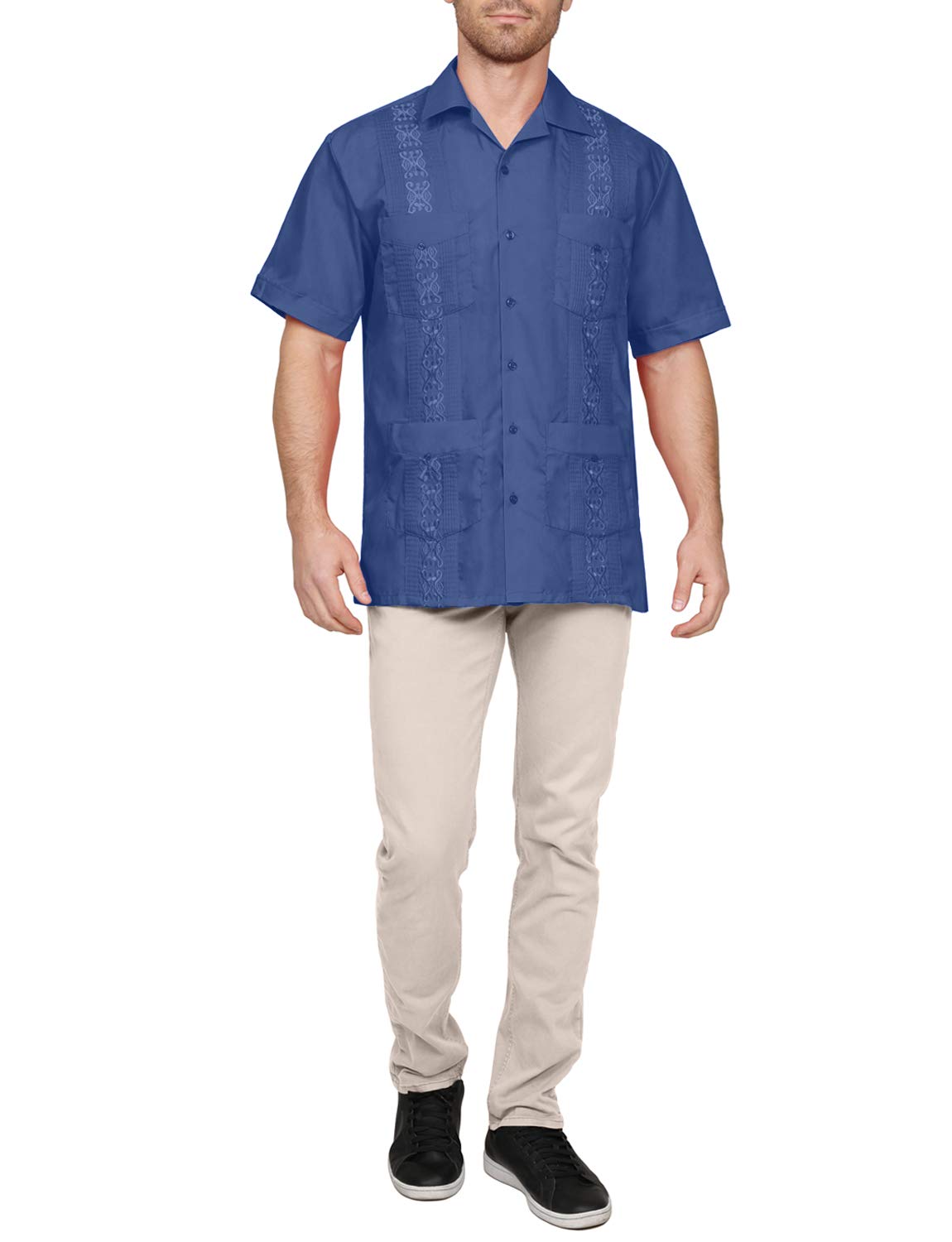 NE PEOPLE Men's Cuban Guayabera Shirt – Short Sleeve Button Down Classic Embroidered 4 Pockets Casual Top NEMT112 Off White 4XL