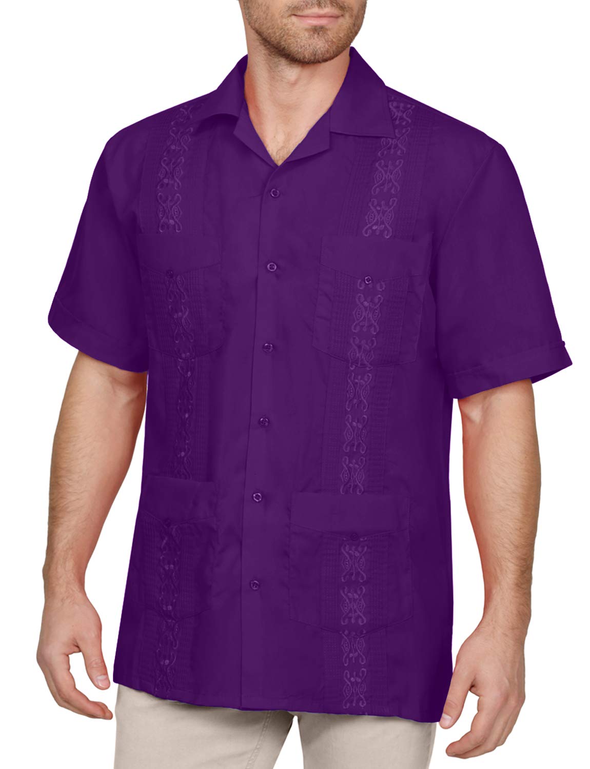 NE PEOPLE Men's Cuban Guayabera Shirt – Short Sleeve Button Down Classic Embroidered 4 Pockets Casual Top NEMT112 Off White 4XL
