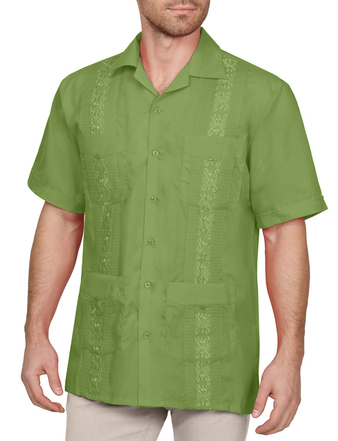 NE PEOPLE Men's Cuban Guayabera Shirt – Short Sleeve Button Down Classic Embroidered 4 Pockets Casual Top NEMT112 Off White 4XL