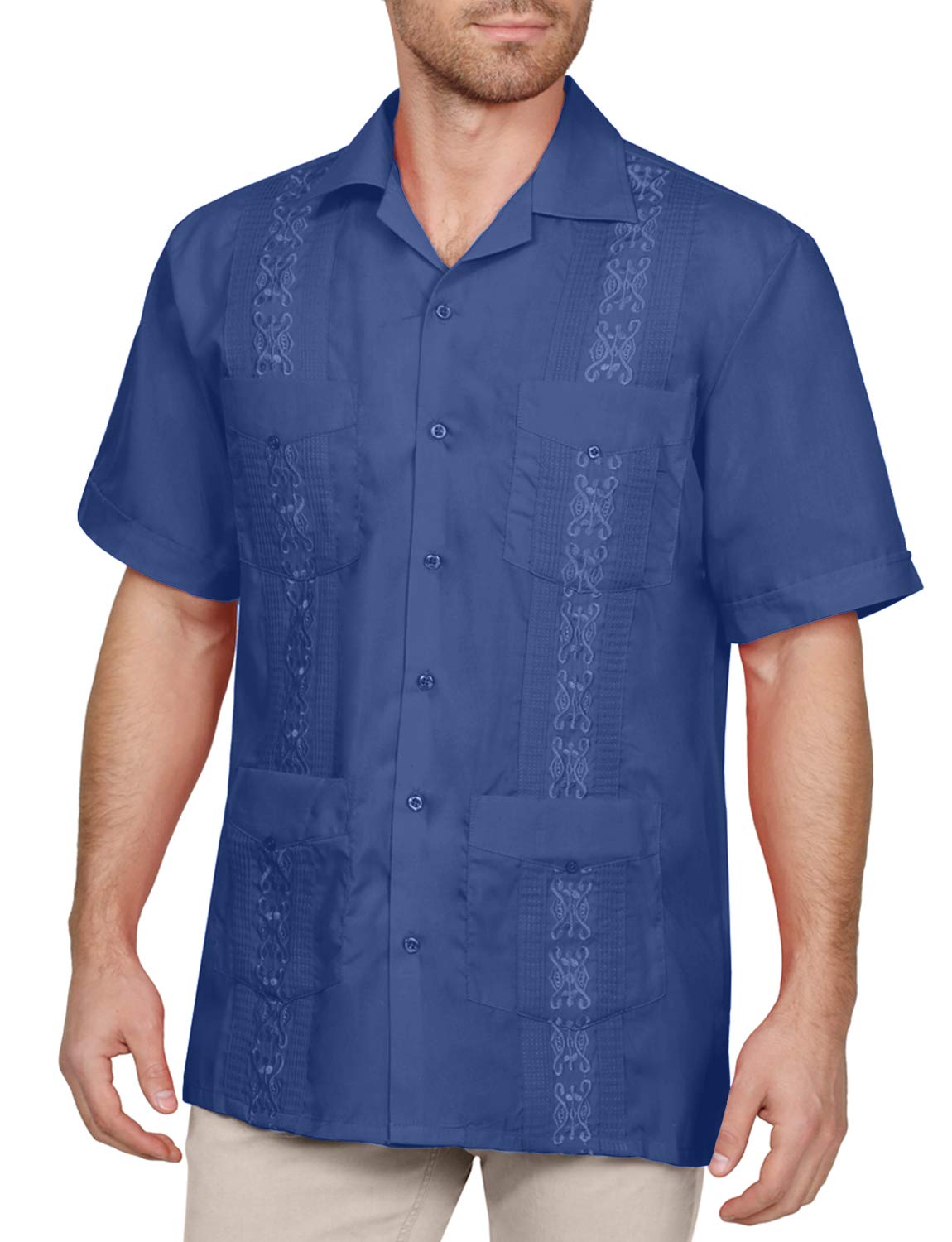 NE PEOPLE Men's Cuban Guayabera Shirt – Short Sleeve Button Down Classic Embroidered 4 Pockets Casual Top NEMT112 Off White 4XL