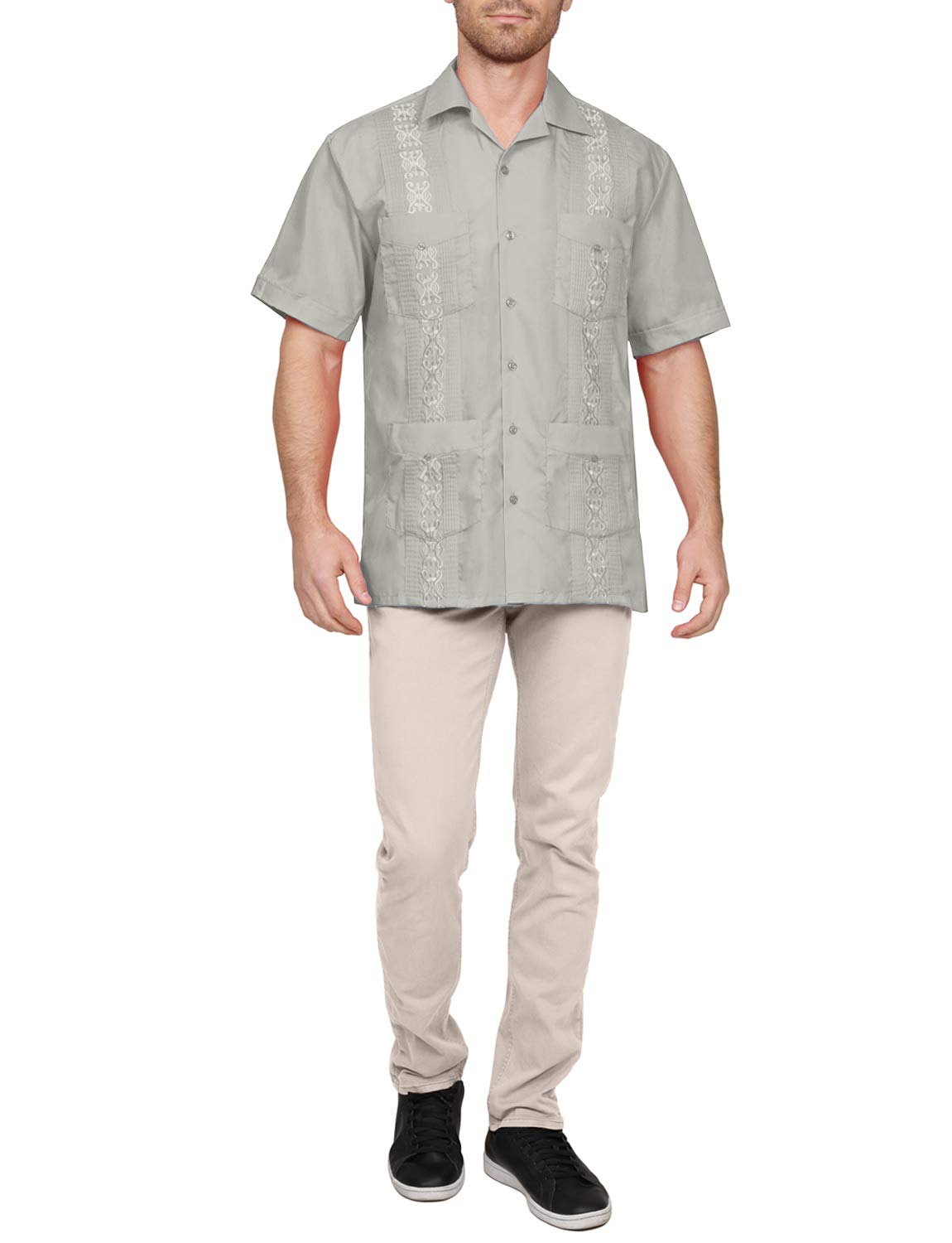 NE PEOPLE Men's Cuban Guayabera Shirt – Short Sleeve Button Down Classic Embroidered 4 Pockets Casual Top NEMT112 Off White 4XL