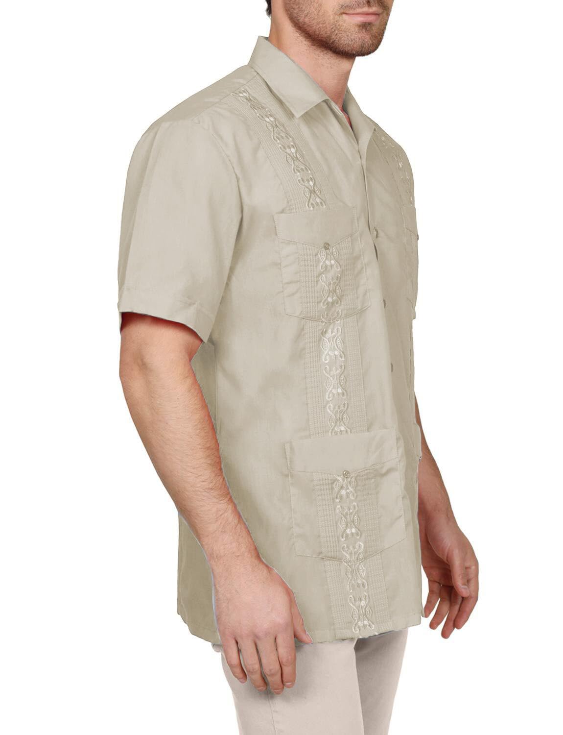 NE PEOPLE Men's Cuban Guayabera Shirt – Short Sleeve Button Down Classic Embroidered 4 Pockets Casual Top NEMT112 Off White 4XL