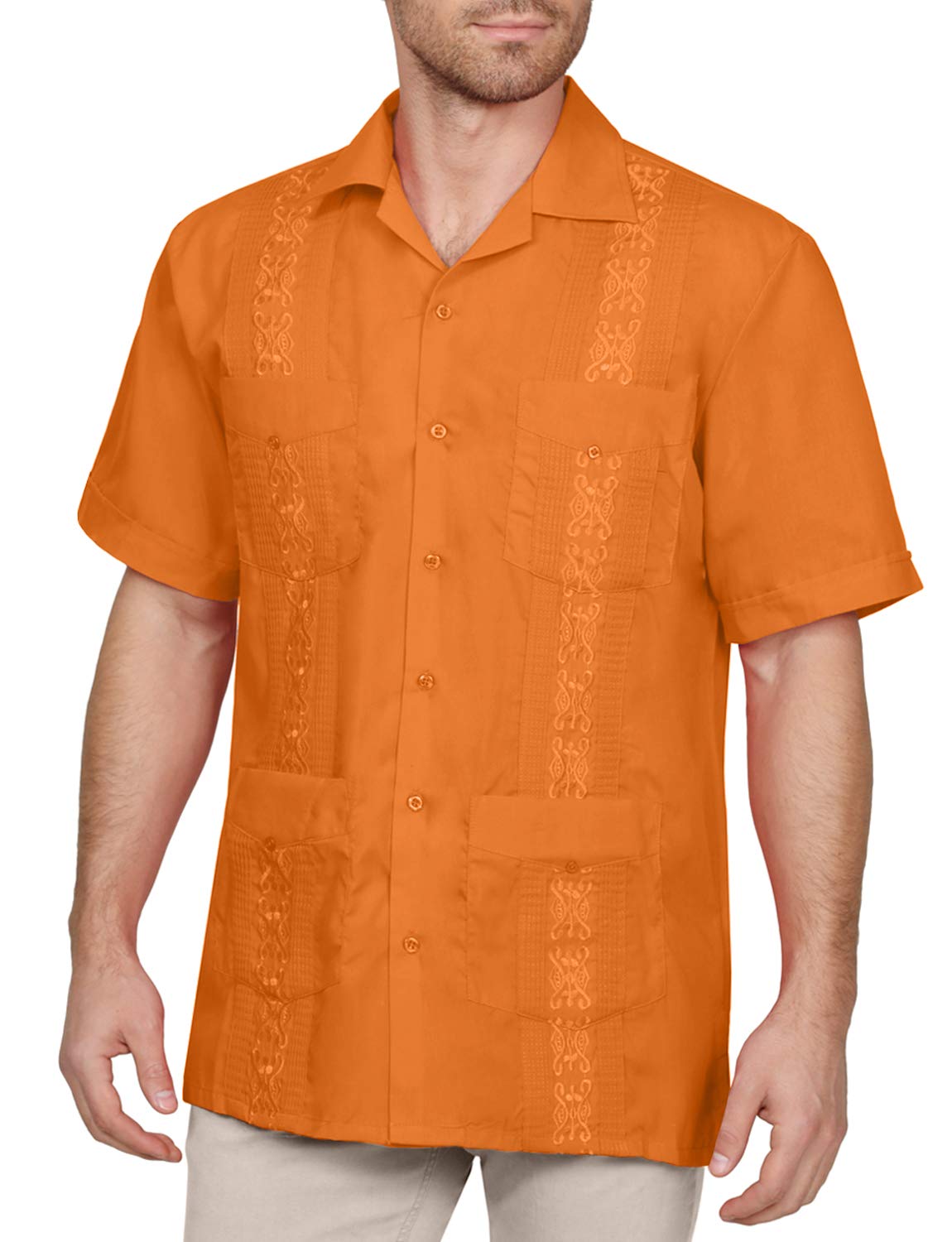 NE PEOPLE Men's Cuban Guayabera Shirt – Short Sleeve Button Down Classic Embroidered 4 Pockets Casual Top NEMT112 Off White 4XL