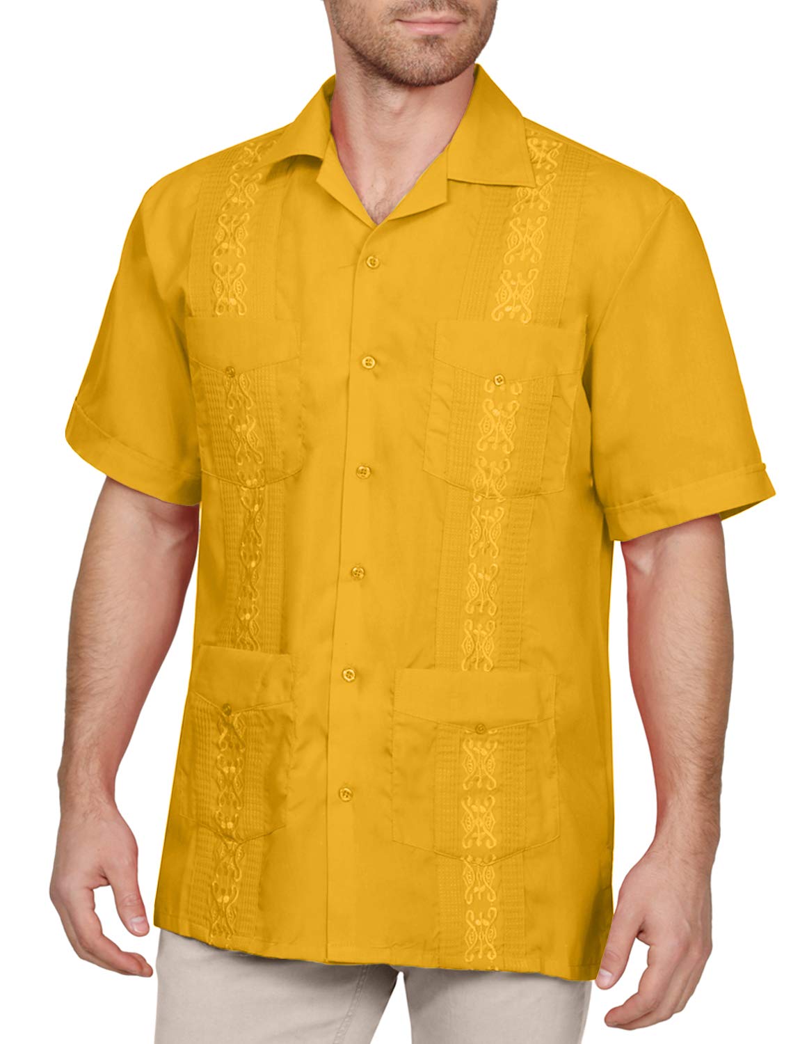 NE PEOPLE Men's Cuban Guayabera Shirt – Short Sleeve Button Down Classic Embroidered 4 Pockets Casual Top NEMT112 Off White 4XL