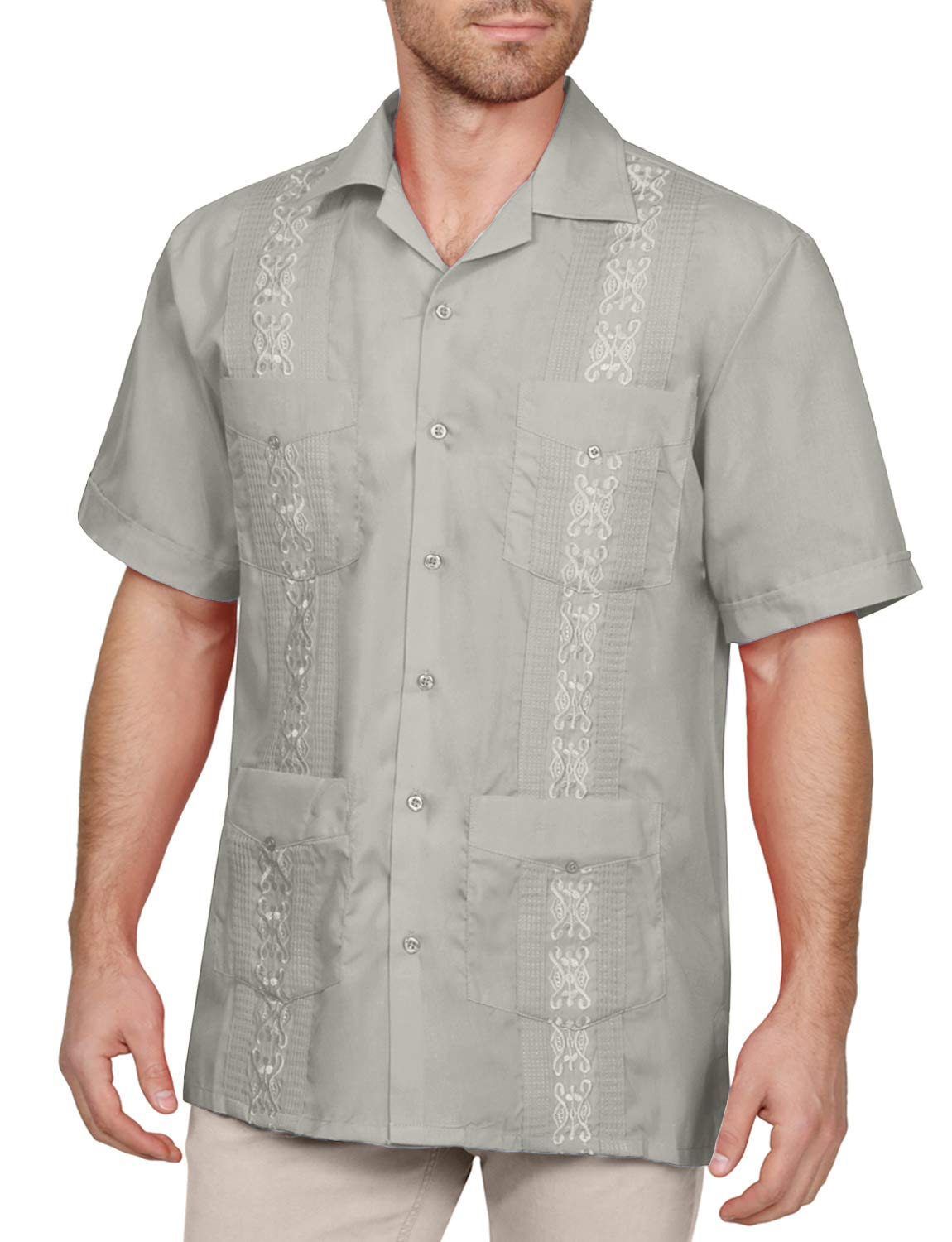 NE PEOPLE Men's Cuban Guayabera Shirt – Short Sleeve Button Down Classic Embroidered 4 Pockets Casual Top NEMT112 Off White 4XL
