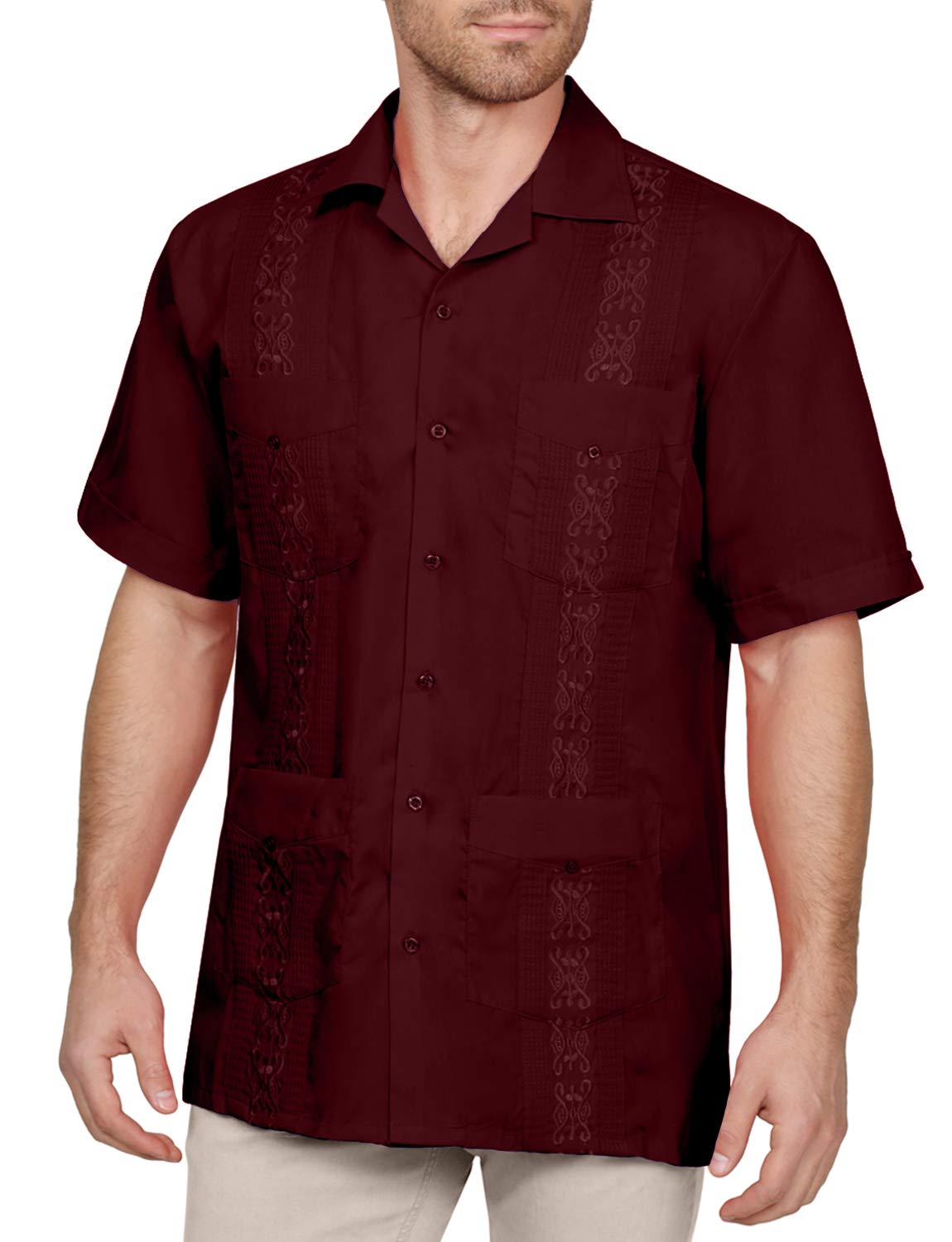 NE PEOPLE Men's Cuban Guayabera Shirt – Short Sleeve Button Down Classic Embroidered 4 Pockets Casual Top NEMT112 Off White 4XL