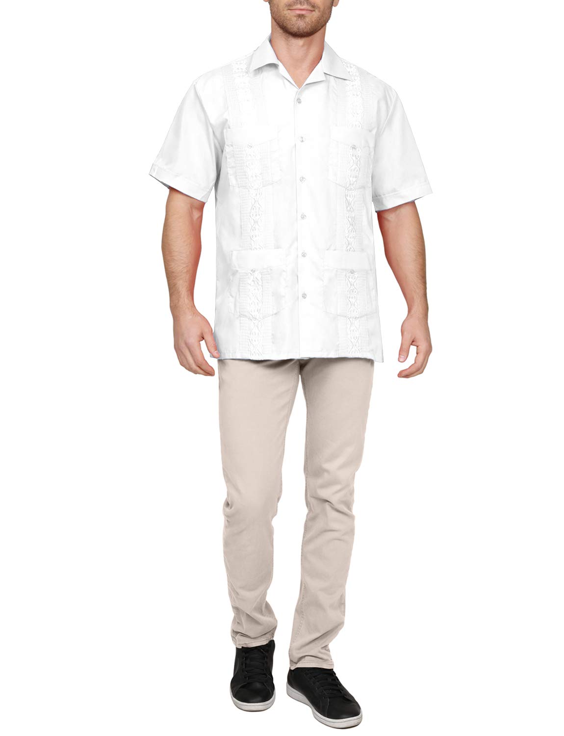 NE PEOPLE Men's Cuban Guayabera Shirt – Short Sleeve Button Down Classic Embroidered 4 Pockets Casual Top NEMT112 Off White 4XL