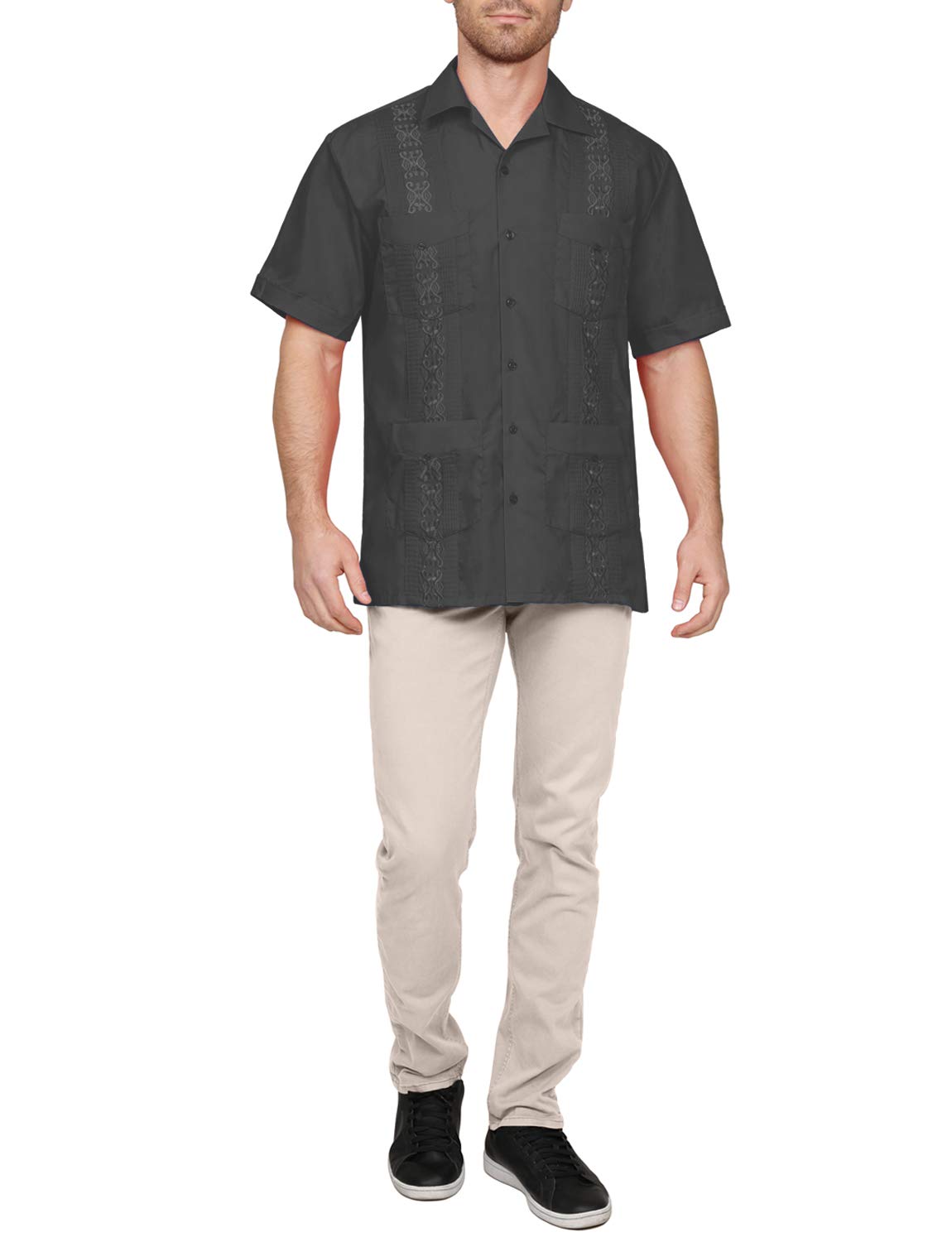 NE PEOPLE Men's Cuban Guayabera Shirt – Short Sleeve Button Down Classic Embroidered 4 Pockets Casual Top NEMT112 Off White 4XL