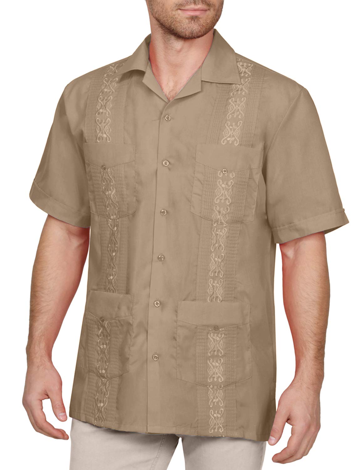 NE PEOPLE Men's Cuban Guayabera Shirt – Short Sleeve Button Down Classic Embroidered 4 Pockets Casual Top NEMT112 Off White 4XL