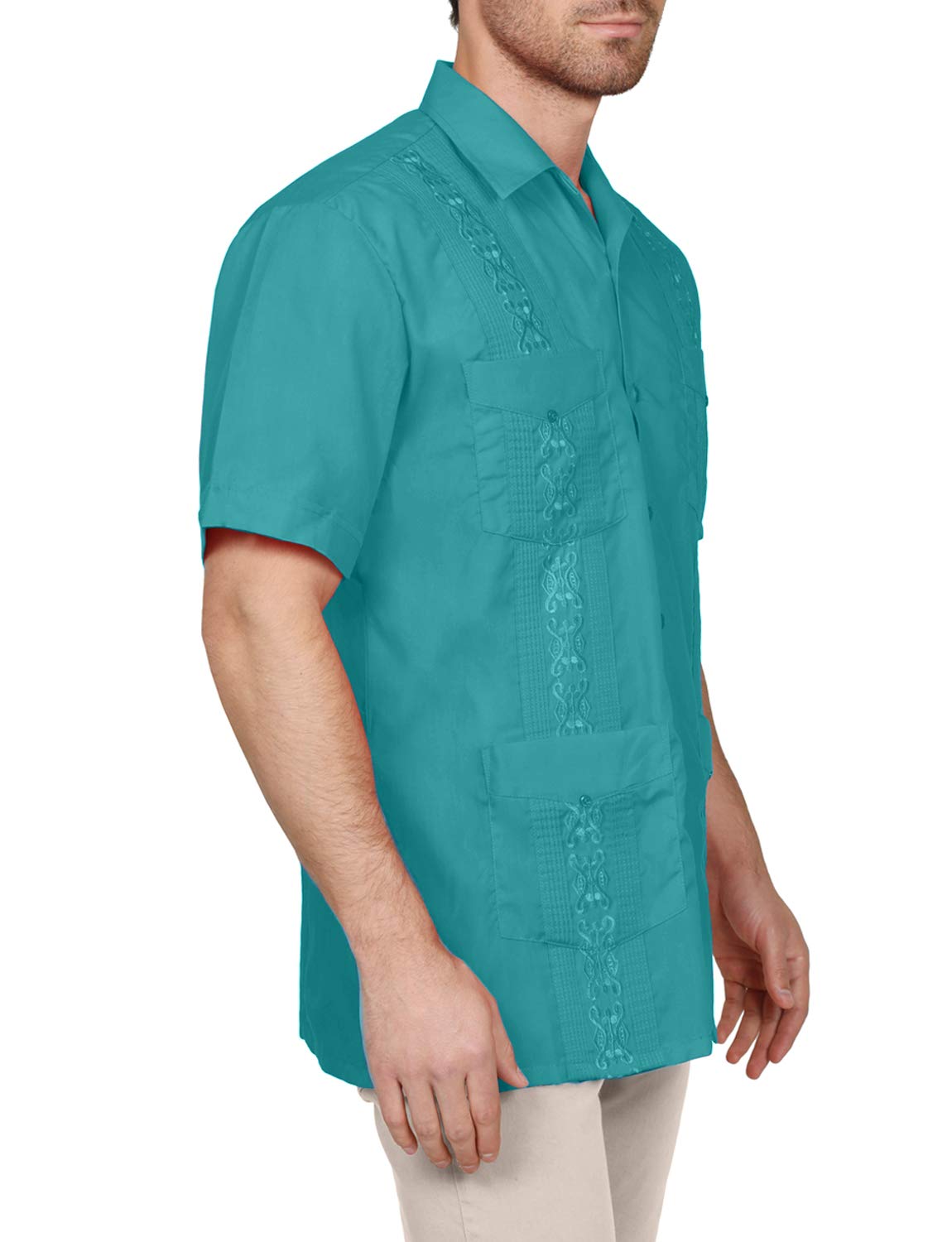 NE PEOPLE Men's Cuban Guayabera Shirt – Short Sleeve Button Down Classic Embroidered 4 Pockets Casual Top NEMT112 Off White 4XL