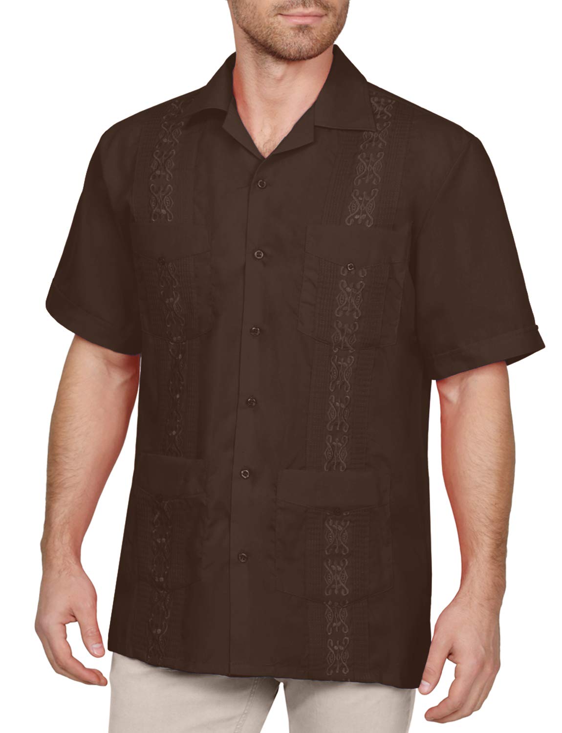 NE PEOPLE Men's Cuban Guayabera Shirt – Short Sleeve Button Down Classic Embroidered 4 Pockets Casual Top NEMT112 Off White 4XL