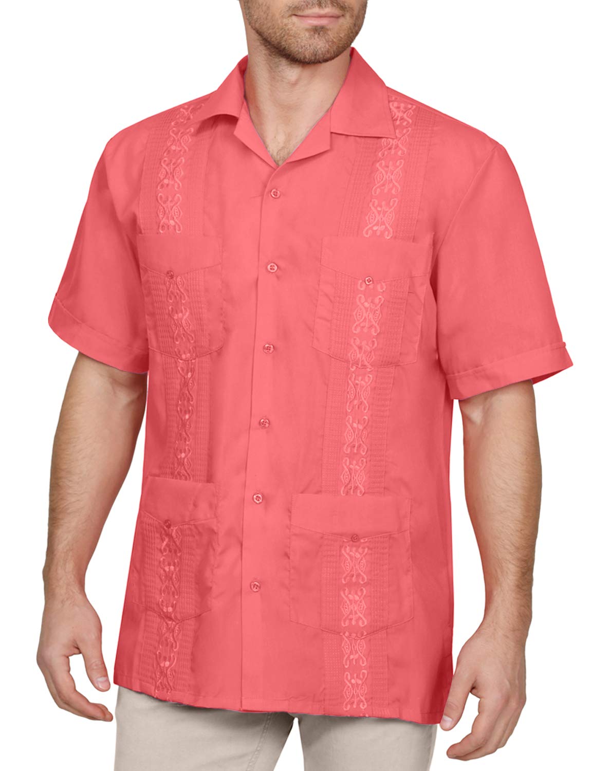 NE PEOPLE Men's Cuban Guayabera Shirt – Short Sleeve Button Down Classic Embroidered 4 Pockets Casual Top NEMT112 Off White 4XL
