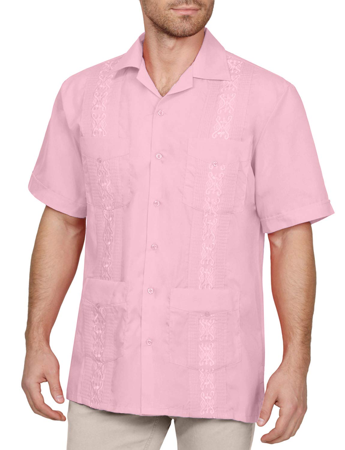 NE PEOPLE Men's Cuban Guayabera Shirt – Short Sleeve Button Down Classic Embroidered 4 Pockets Casual Top NEMT112 Off White 4XL