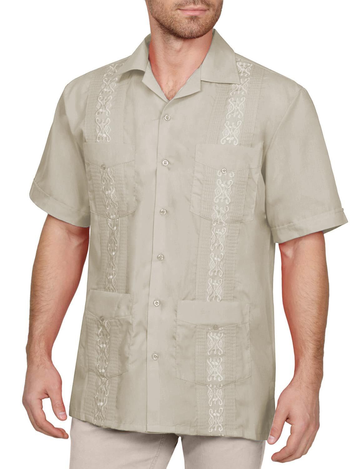 NE PEOPLE Men's Cuban Guayabera Shirt – Short Sleeve Button Down Classic Embroidered 4 Pockets Casual Top NEMT112 Off White 4XL
