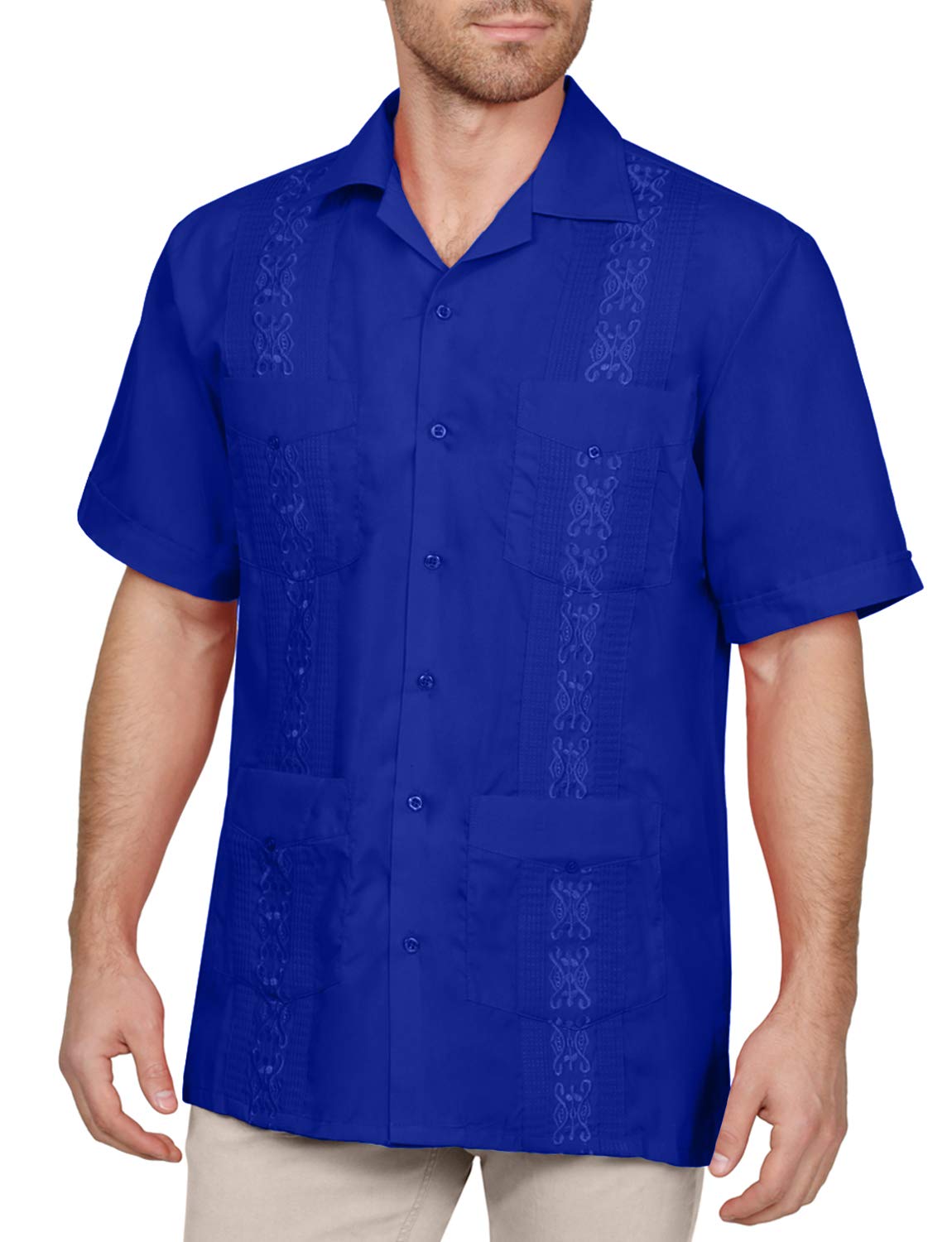 NE PEOPLE Men's Cuban Guayabera Shirt – Short Sleeve Button Down Classic Embroidered 4 Pockets Casual Top NEMT112 Off White 4XL