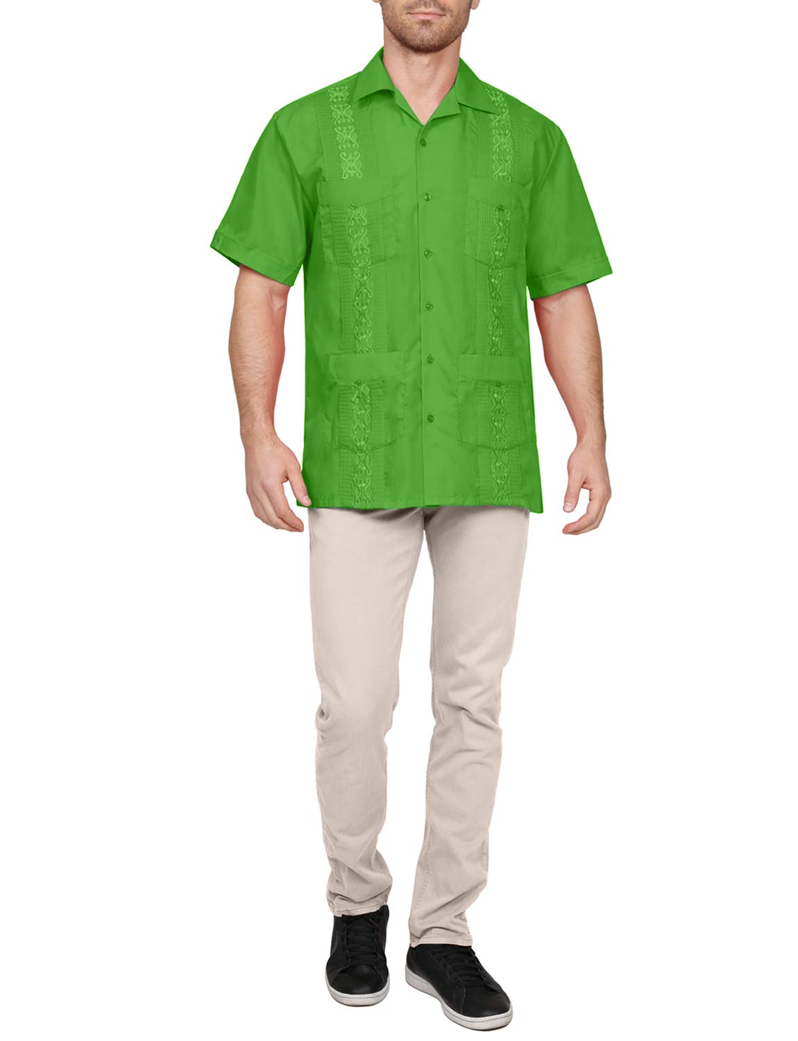 NE PEOPLE Men's Cuban Guayabera Shirt – Short Sleeve Button Down Classic Embroidered 4 Pockets Casual Top NEMT112 Off White 4XL