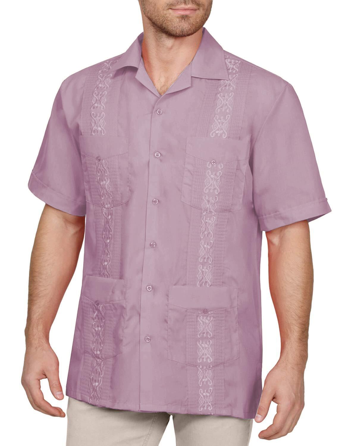 NE PEOPLE Men's Cuban Guayabera Shirt – Short Sleeve Button Down Classic Embroidered 4 Pockets Casual Top NEMT112 Off White 4XL