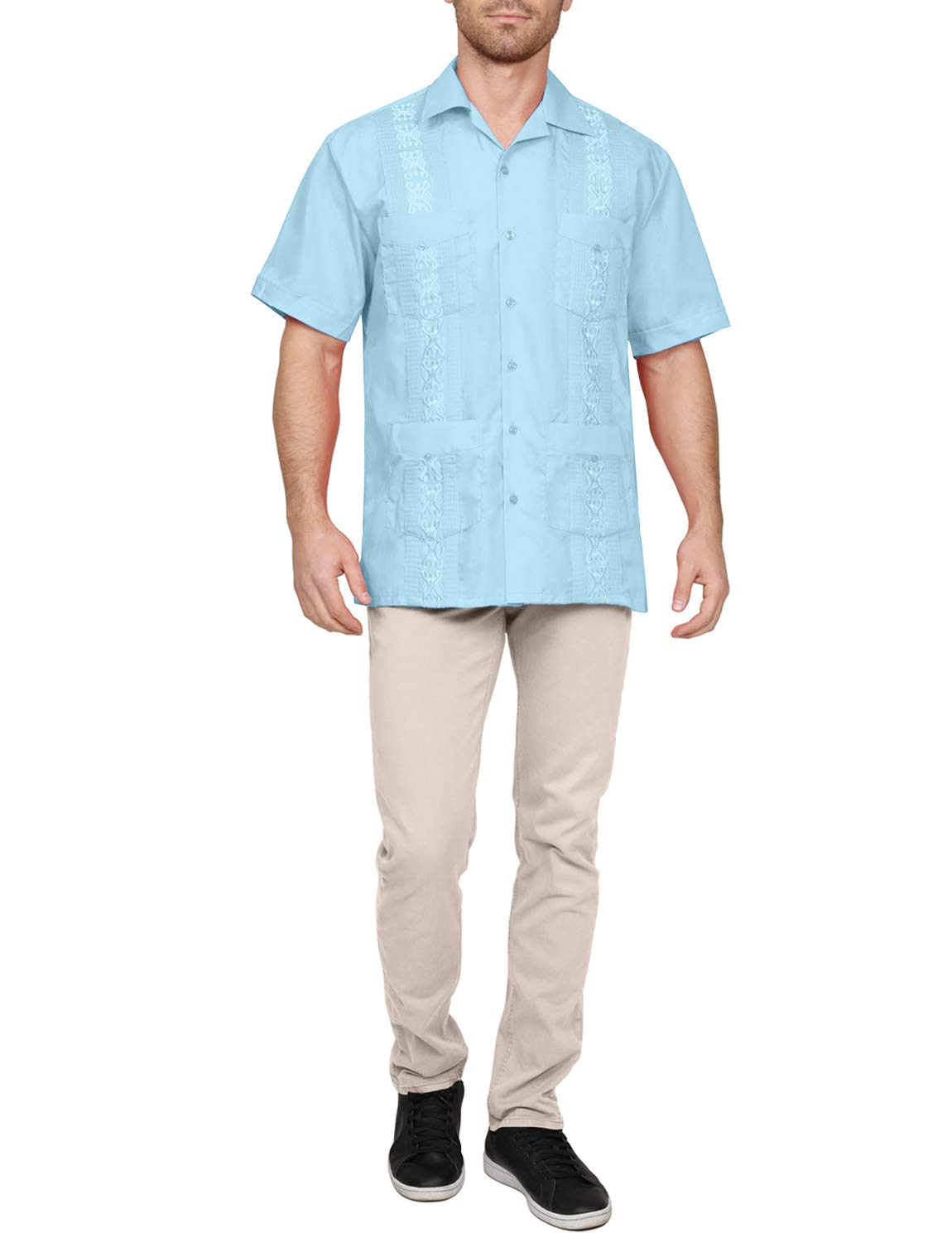 NE PEOPLE Men's Cuban Guayabera Shirt – Short Sleeve Button Down Classic Embroidered 4 Pockets Casual Top NEMT112 Off White 4XL