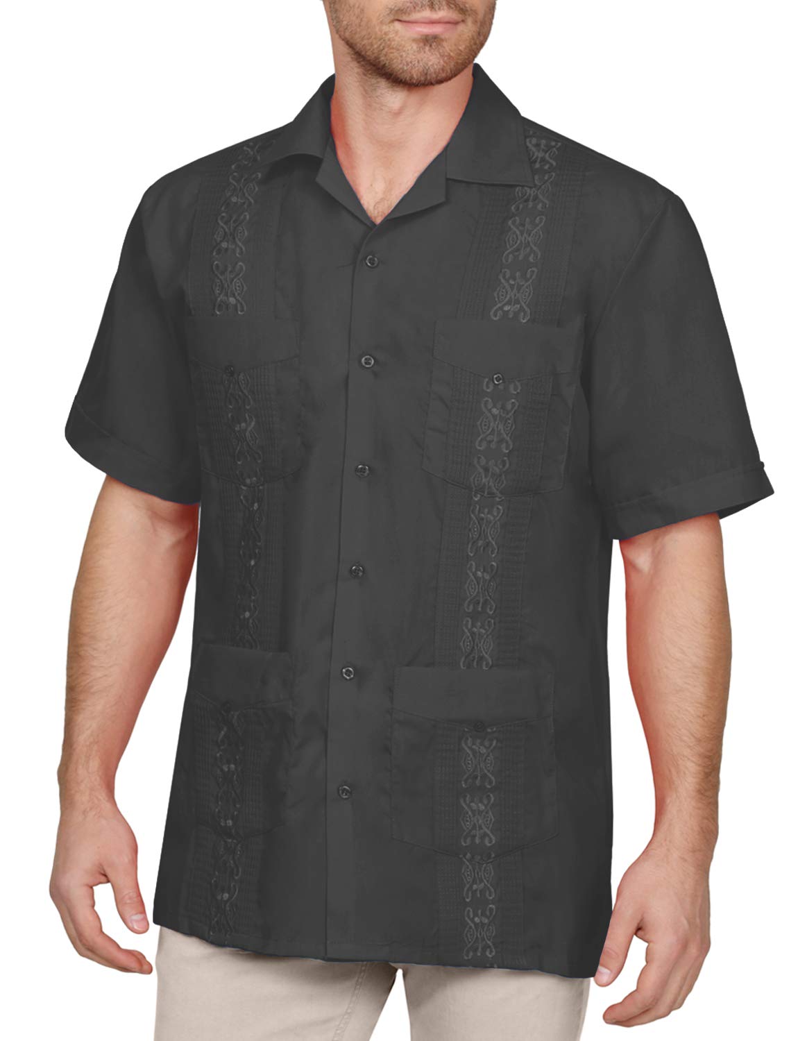 NE PEOPLE Men's Cuban Guayabera Shirt – Short Sleeve Button Down Classic Embroidered 4 Pockets Casual Top NEMT112 Off White 4XL