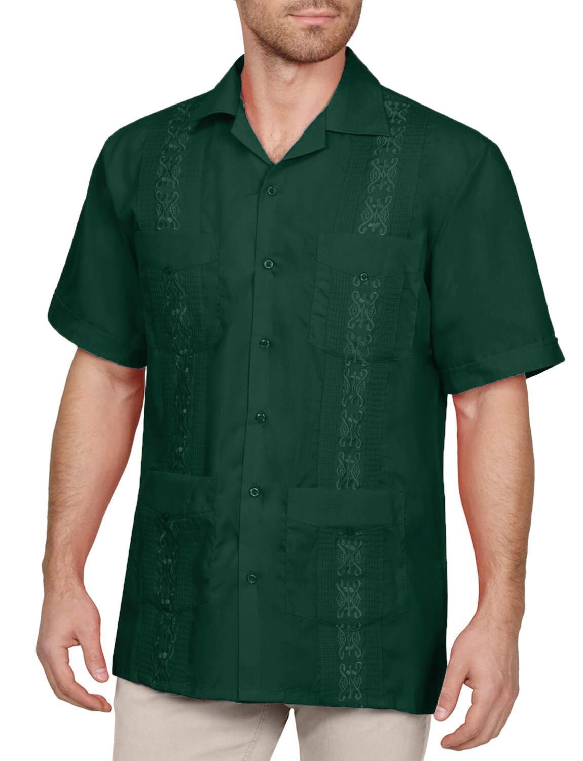 NE PEOPLE Men's Cuban Guayabera Shirt – Short Sleeve Button Down Classic Embroidered 4 Pockets Casual Top NEMT112 Off White 4XL