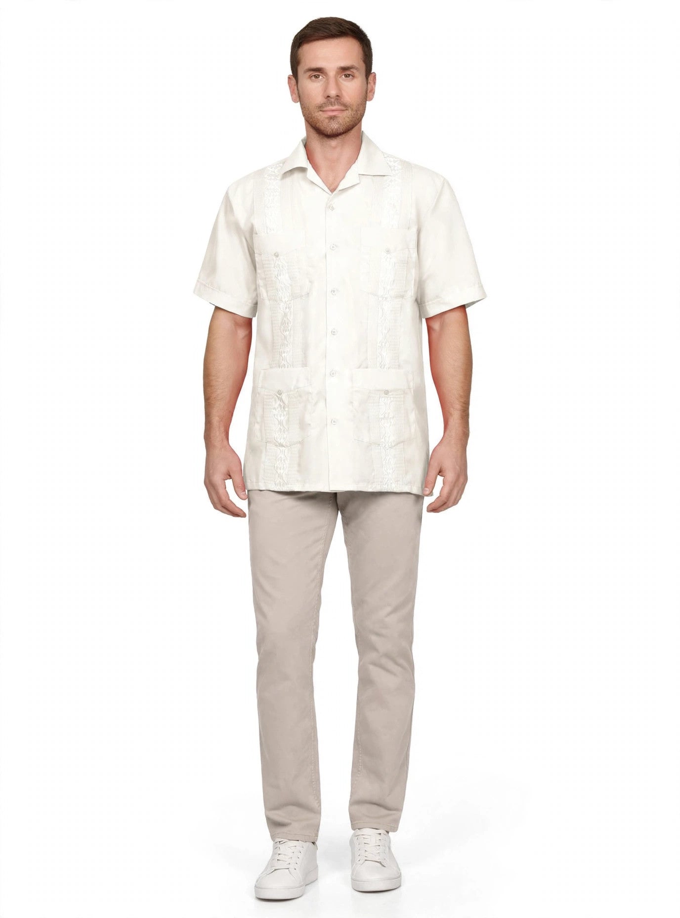 Ne People Mens Cuban Guayabera Shirt on model, full body