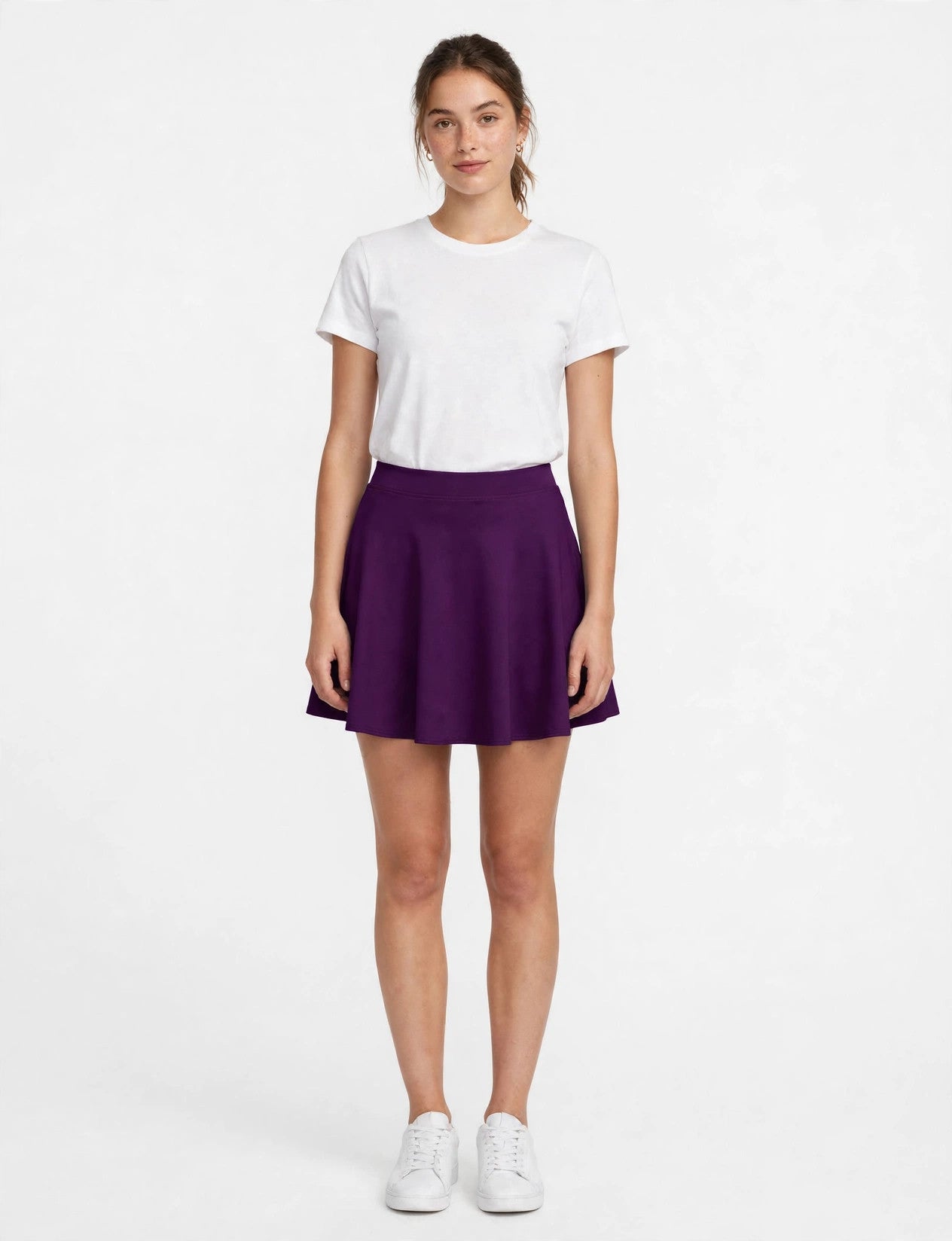 Stretchy Casual Mini Flared Skater Skirt on model