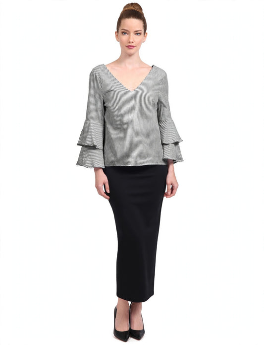 3/4 Sleeve Loose Fit Back Lace Up V-Neck Striped Printed Top