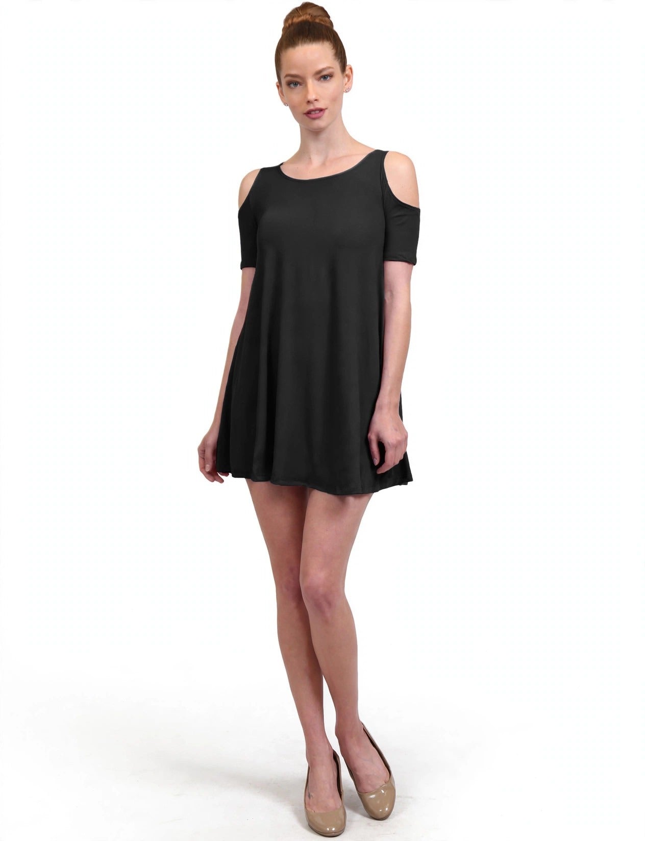 Casual Solid Off Shoulder Short Sleeve Flowy Shift Dress