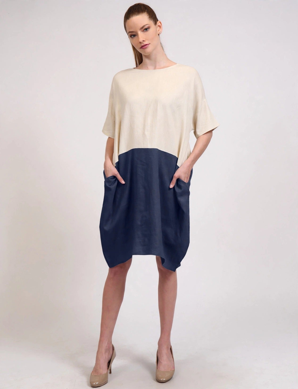 Casual Short Sleeve Block Cute Tunic Dress With Pockets