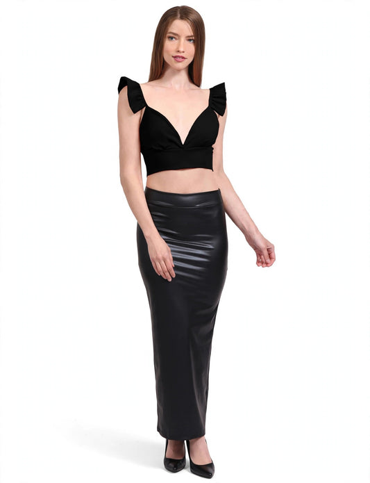 Casual Deep V-Neck Solid Ruffle Hem Sleeveless Crop Top