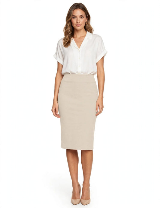 Basic Elastic Waist Midi Knee Length Stretchy Ponte Pencil Skirts
