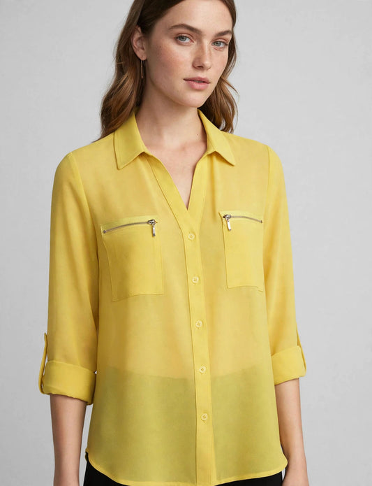 3/4 Roll Up Sleeve Semi-Sheer Plain/Print/Pockets Button Down Blouse