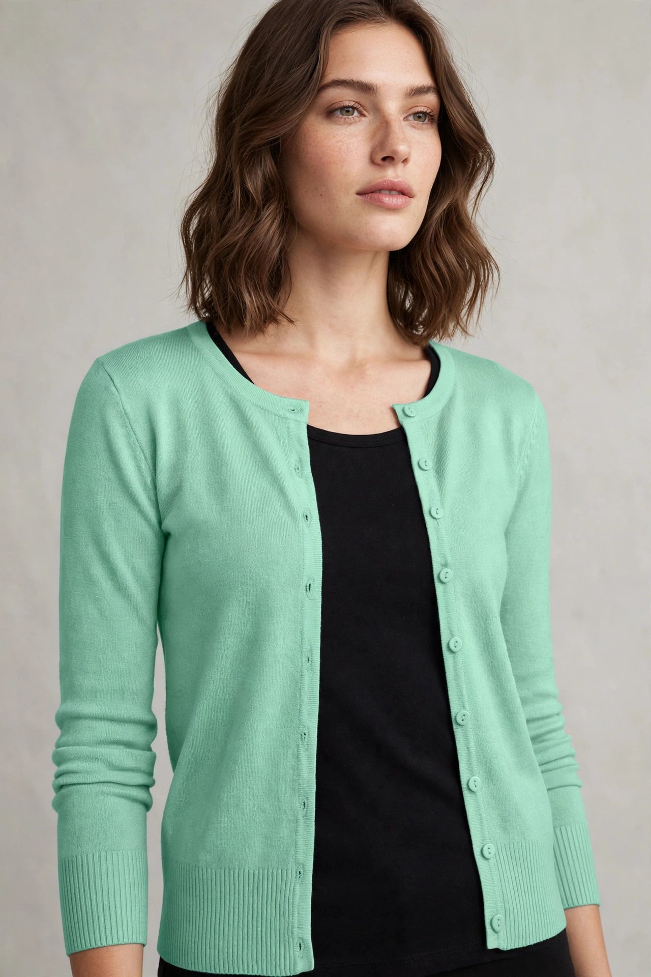 Basic Crewneck Button Down Long Sleeve Cardigan Sweater