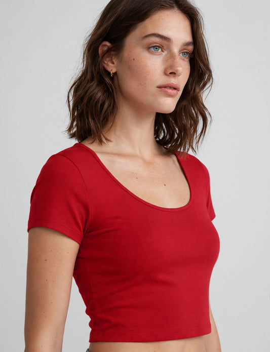 Basic Short Sleeve Scoopneck Crop Top