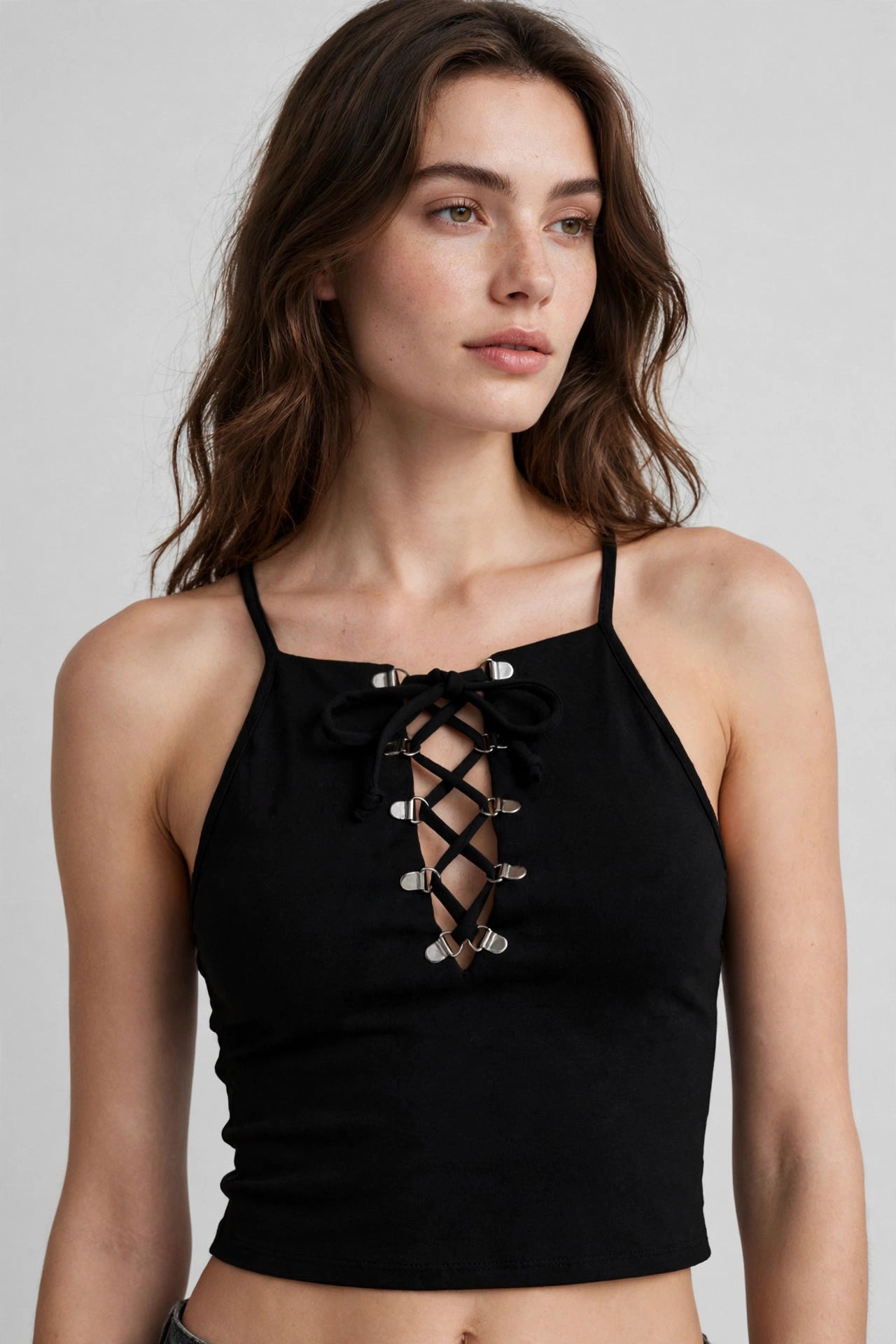Basic Sleeveless Sexy Racerback Eyelet Lace Up Cami Crop Tank Top