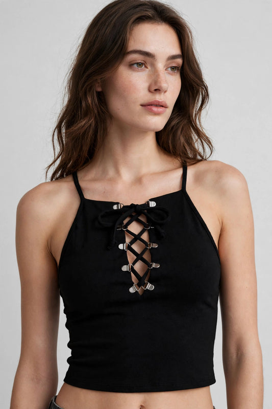 Basic Sleeveless Sexy Racerback Eyelet Lace Up Cami Crop Tank Top