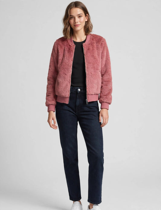 Basic Soft Fur Long Sleeve Zip-Up Jackets