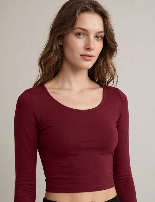 Basic Soft Scoop Neck Long Sleeve Crop Top Shirts