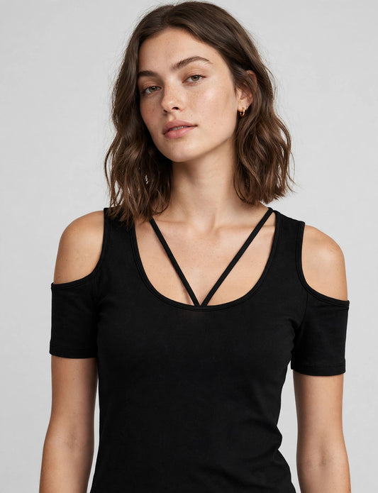 Basic String Open Shoulder Short Sleeve T-Shirts