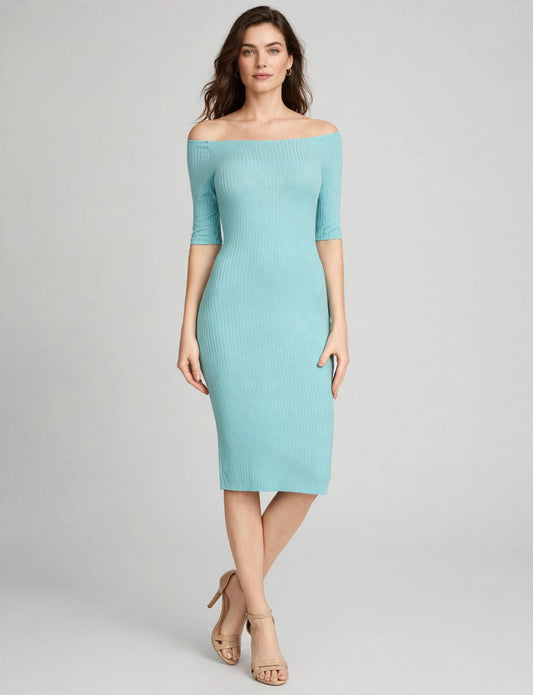 Bodycon Off Shoulder Knee Length Midi Ribbed Dress