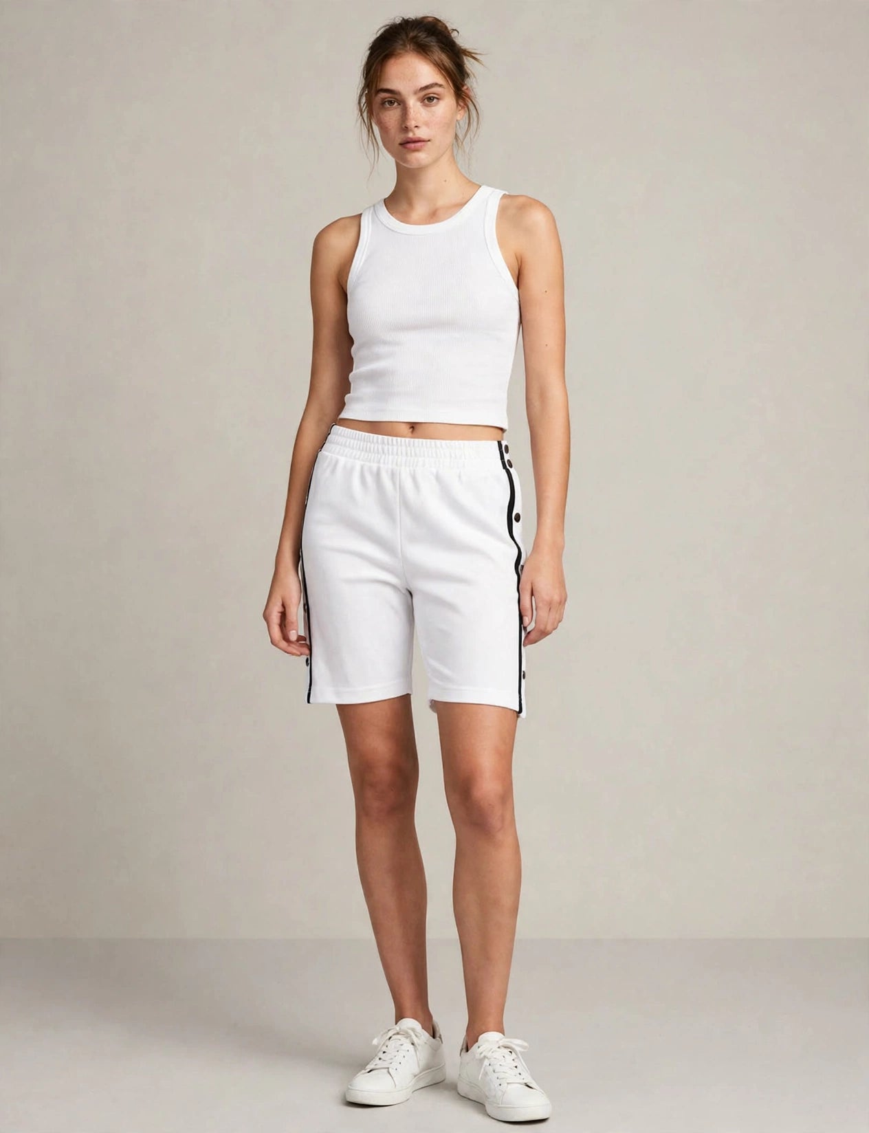 Casual Elastic Side Snap Button On Track Shorts Wide Leg Pants