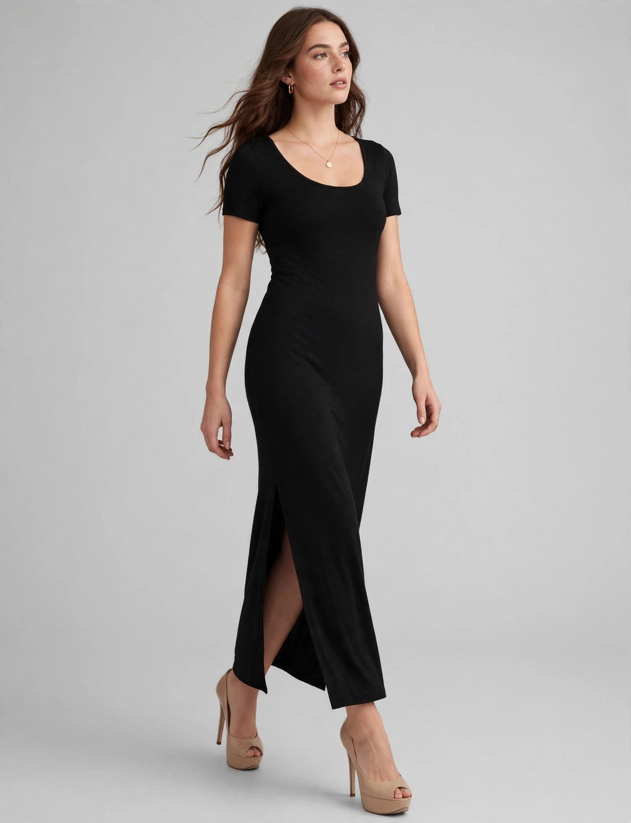 Classic Short Sleeve Split Slit Maxi Dress
