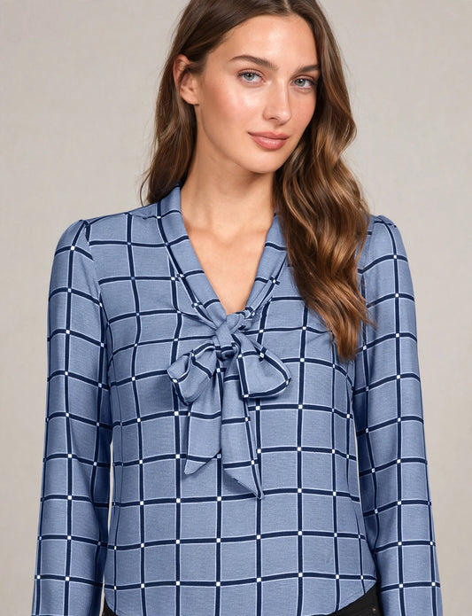 Cuffed Long Sleeve Plaid Printed Front Tie Bow Blouse Shirts