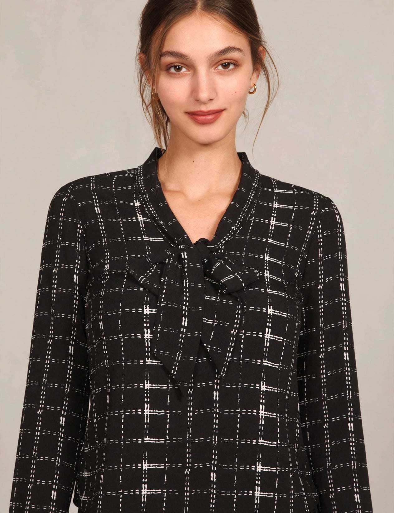 Cuffed Long Sleeve Plaid Printed Front Tie Bow Blouse Shirts