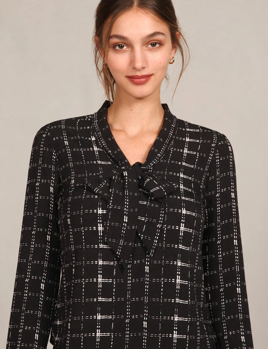 Cuffed Long Sleeve Plaid Printed Front Tie Bow Blouse Shirts